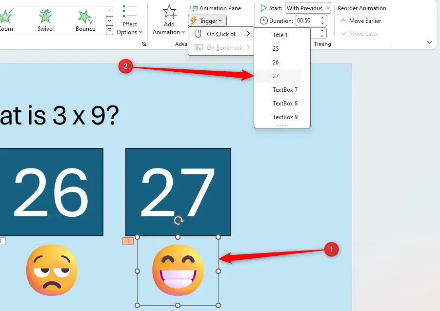 Slide PowerPoint với một đối tượng được chọn và đối tượng kích hoạt đang được chọn từ menu &quot;Trigger&quot; trong tab &quot;Animations&quot;.