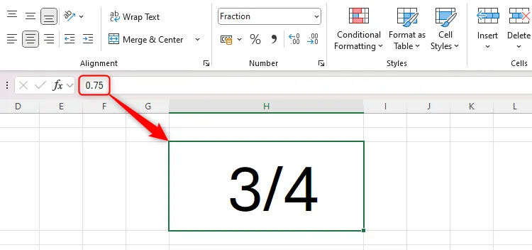 Số 0.75 được chuyển đổi thành phân số ¾ khi áp dụng định dạng Fraction trong Excel