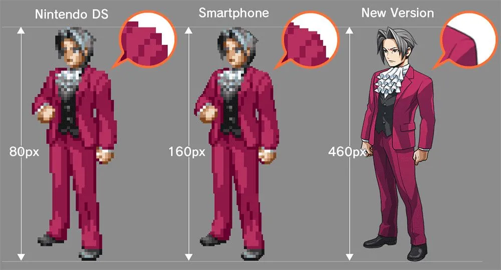 So sánh sự khác biệt đồ họa sprite trong phiên bản gốc và bản remaster của Ace Attorney Investigations, thể hiện sự nâng cấp hình ảnh 2D