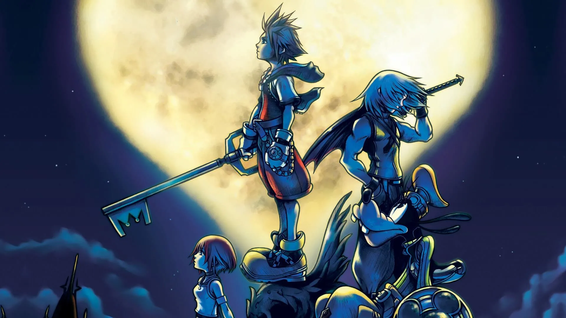 Sora, Riku, Kairi và Goofy trong hình minh họa bìa game Kingdom Hearts gốc