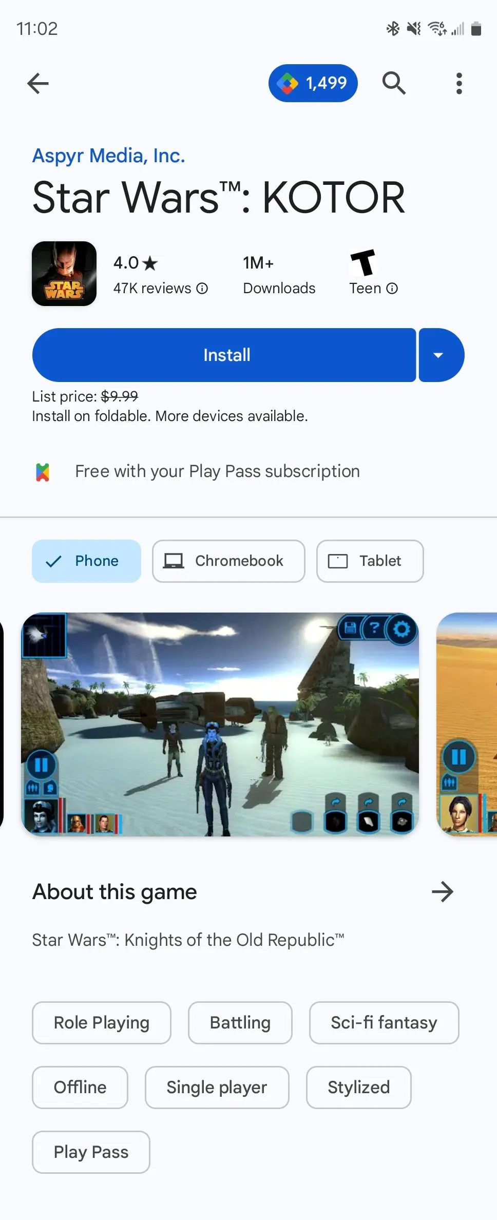Star Wars KOTOR, một game nhập vai nổi tiếng, hiển thị trên kho ứng dụng Google Play dành cho Android.