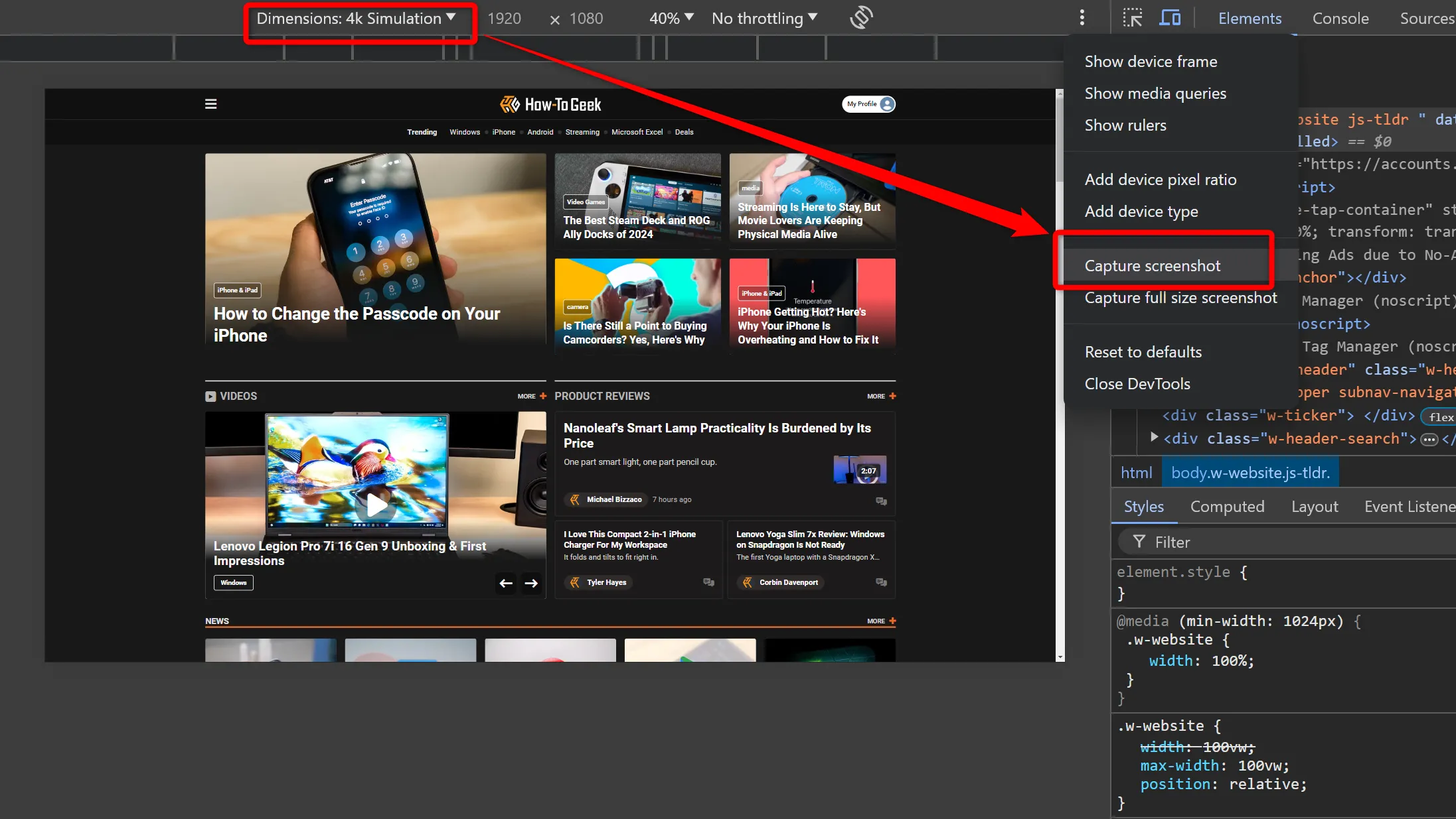 Sử dụng công cụ chụp ảnh màn hình tích hợp trong Chrome Developer Tools để lưu ảnh có độ phân giải 4K từ trang web.