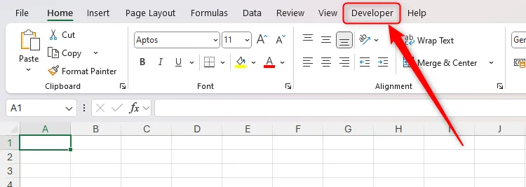 Tab Developer đã được kích hoạt và hiển thị trên thanh Ribbon của Microsoft Excel.