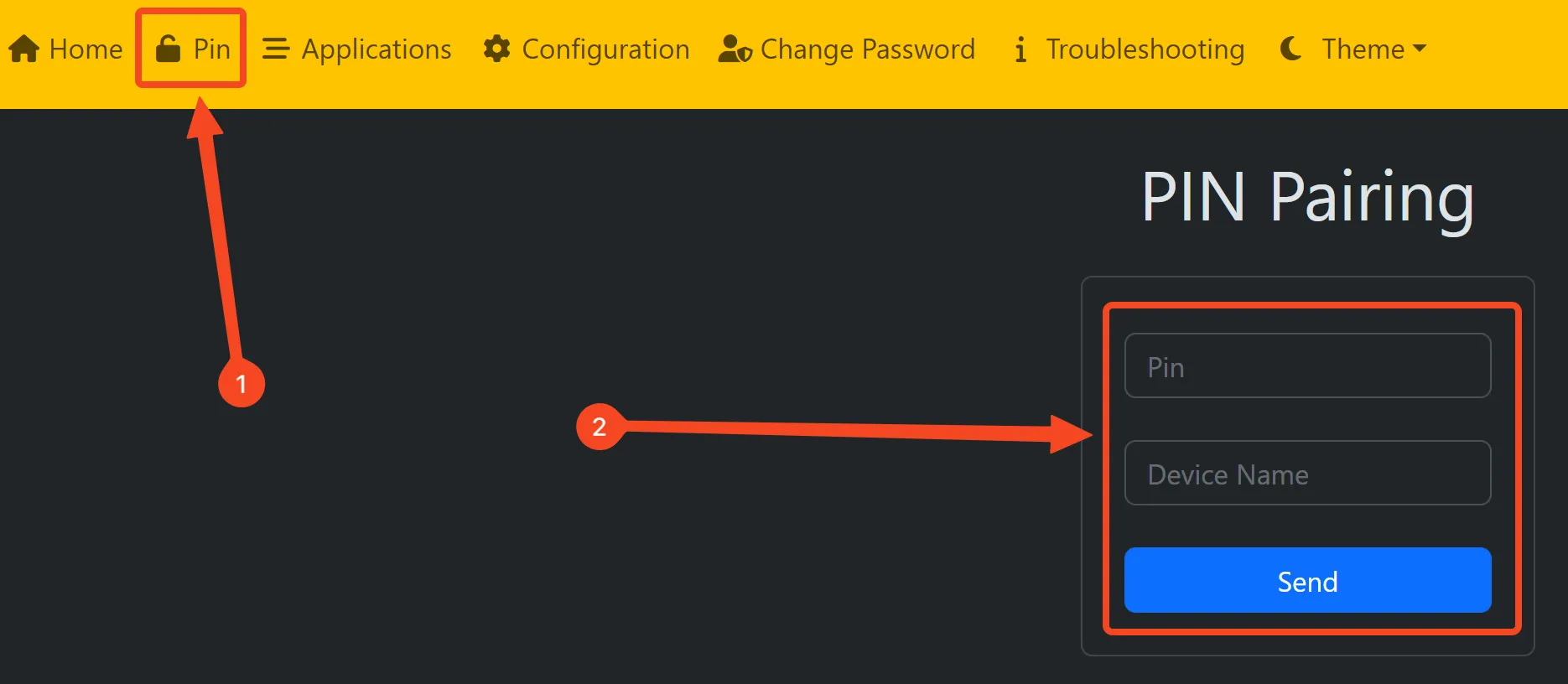 Tab PIN trong Sunshine Web UI để nhập mã ghép nối từ Moonlight