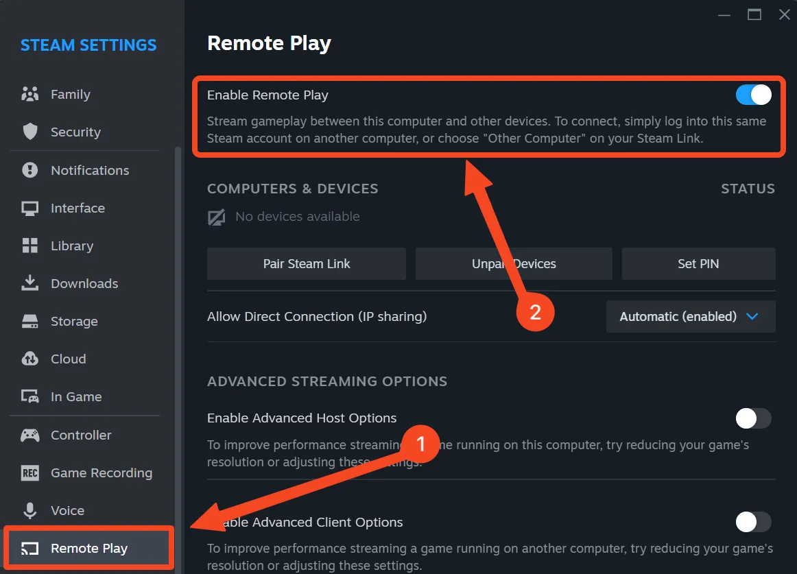 Tab Remote Play trong Cài Đặt Steam với tùy chọn kích hoạt đã bật