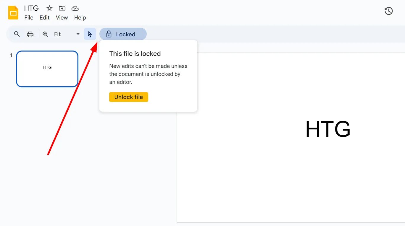 Tài liệu Google Slides hiển thị thông báo &quot;Tệp bị khóa&quot; khi mở, không cho phép chỉnh sửa.