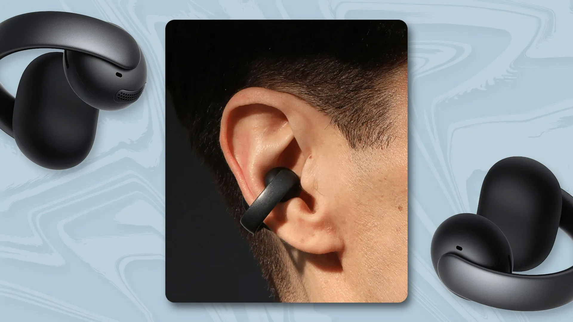Tai nghe Anker Soundcore AeroClip màu đen, thiết kế dạng mở, đặt trên bề mặt màu sáng