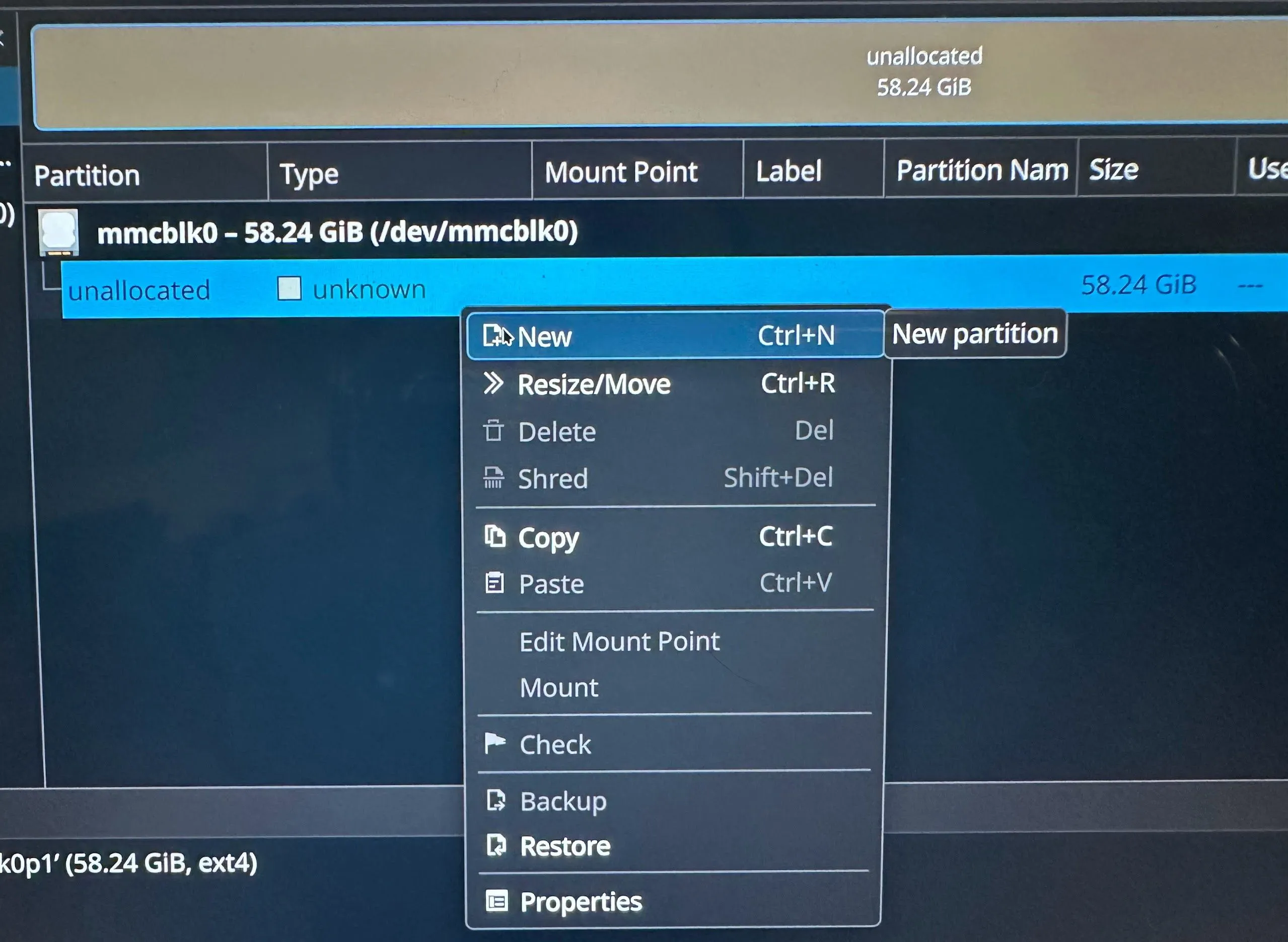 Tạo phân vùng mới cho thẻ SD trong KDE Partition Manager