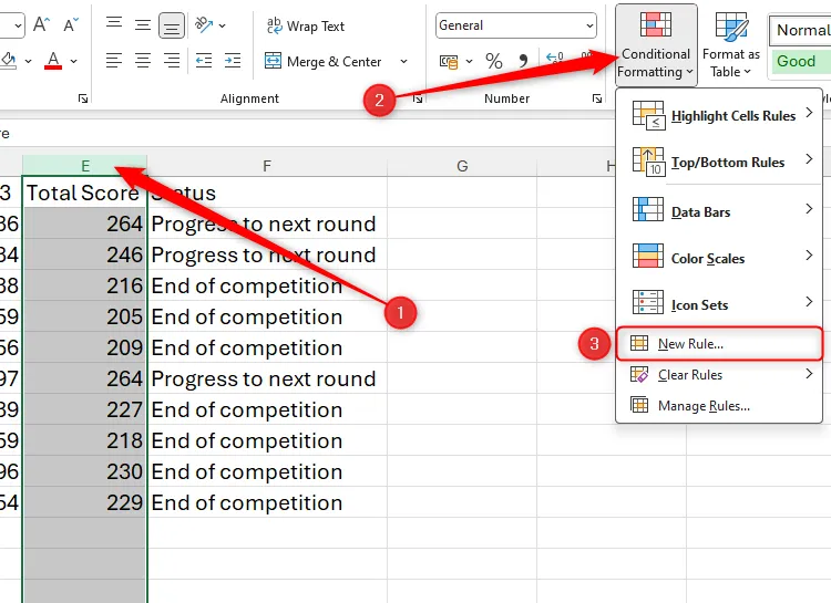 Tạo quy tắc Conditional Formatting mới trong Excel để tự động định dạng cột tổng dựa trên điều kiện.