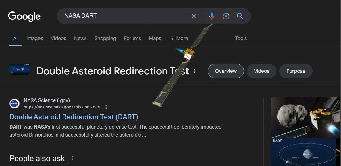 Tàu vũ trụ DART của NASA va chạm vào trang kết quả tìm kiếm Google.