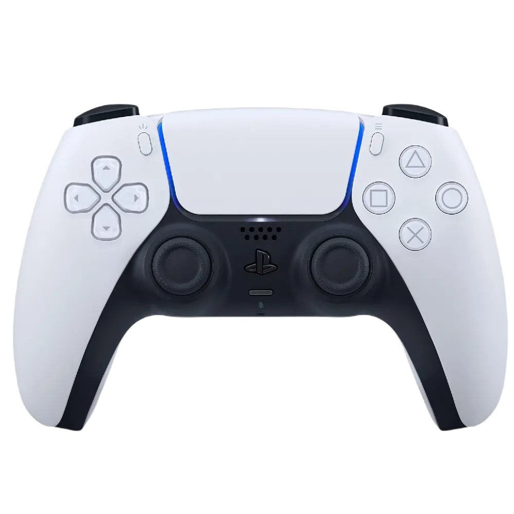 Tay cầm Sony DualSense màu trắng và máy chơi game PlayStation 5 thế hệ mới