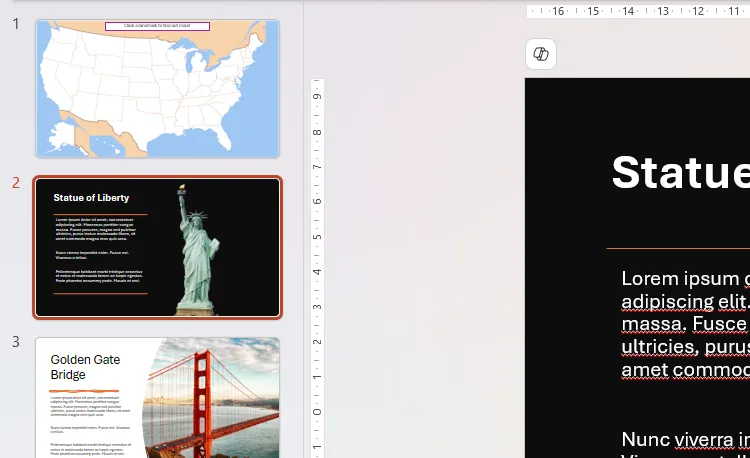 Thanh hiển thị thu nhỏ các slide trong PowerPoint, bao gồm slide tổng quan bản đồ Mỹ và hai slide chi tiết về các địa danh nổi bật.