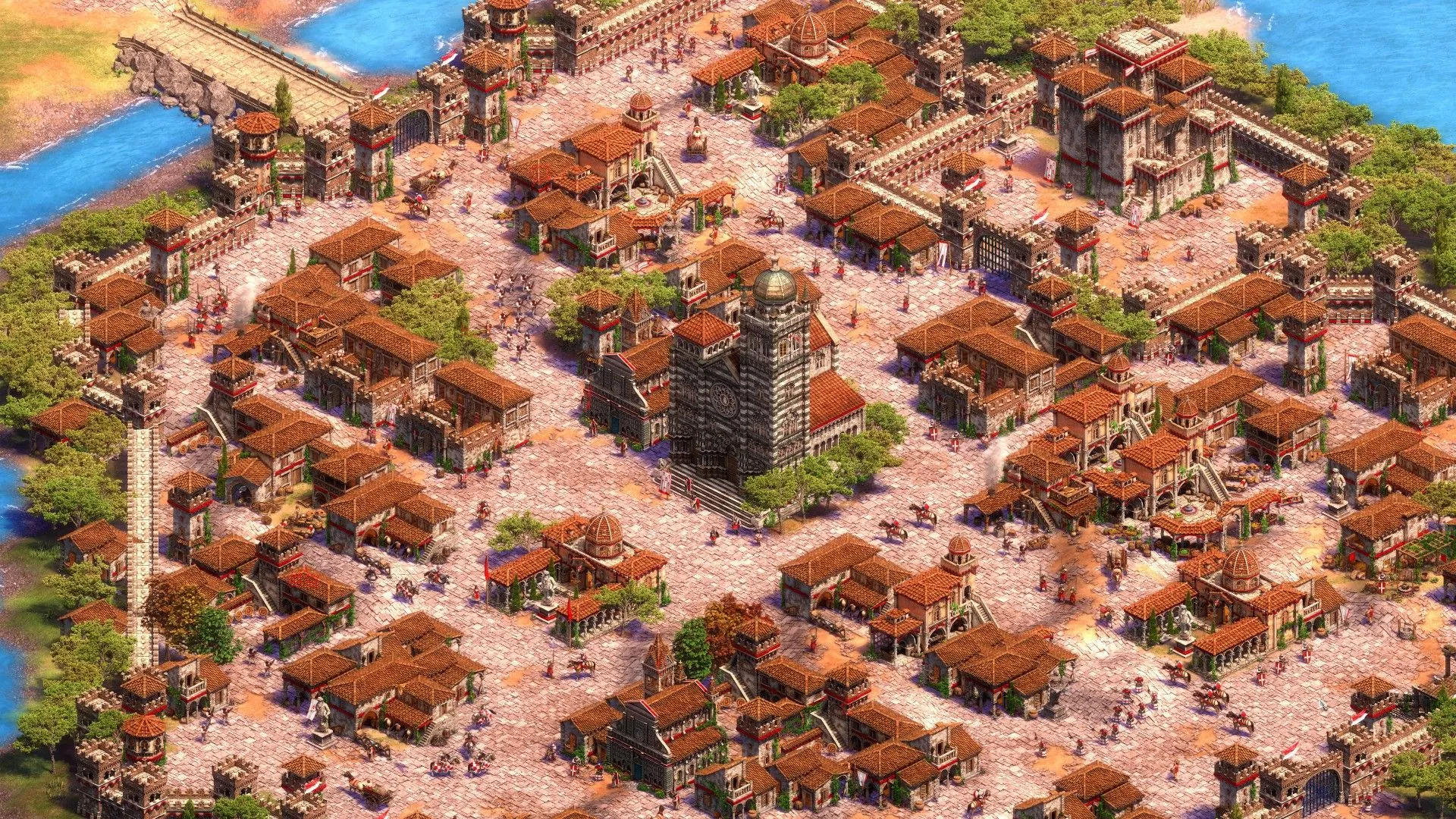 Thành phố cổ kính với người dân và công trình kiến trúc trong Age of Empires 2