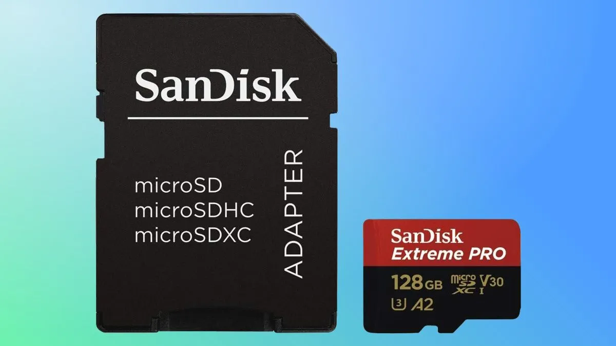 Thẻ nhớ SanDisk Extreme Pro trên nền xanh lá và xanh dương.