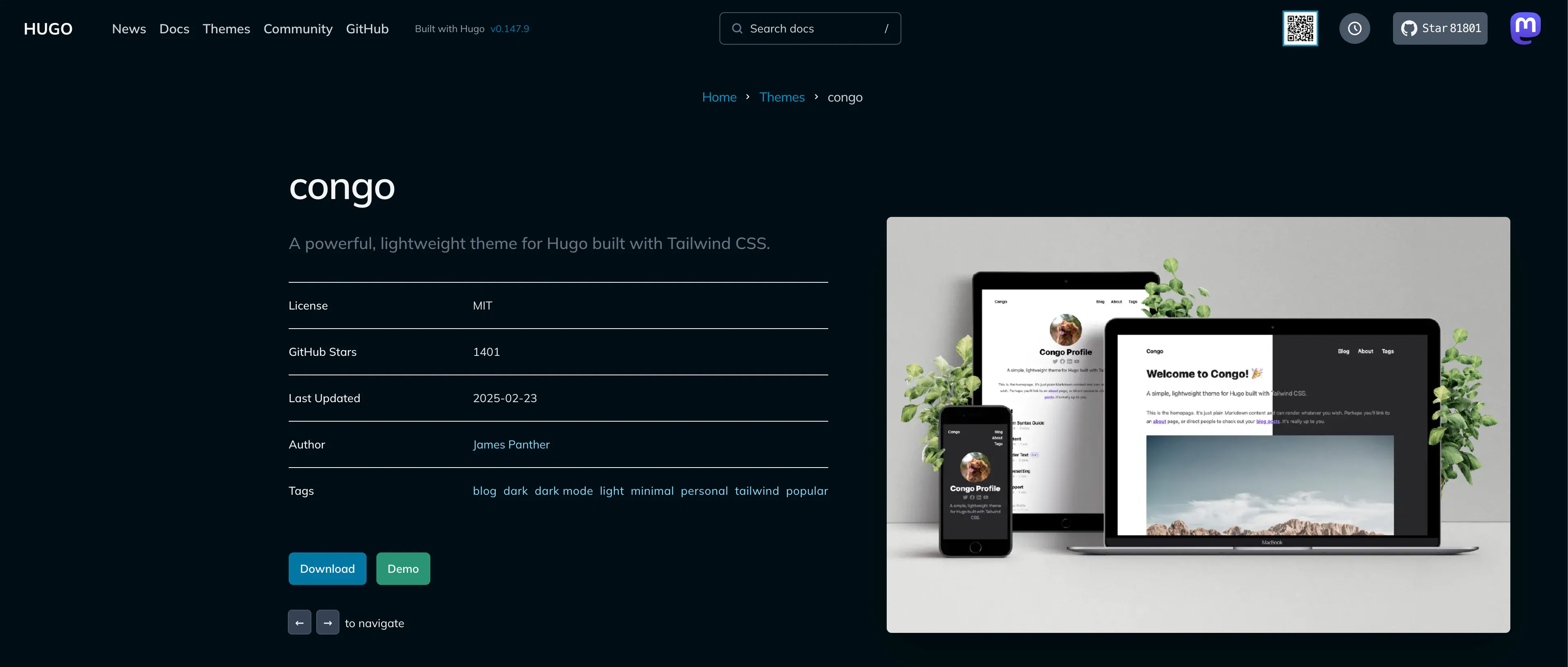 Theme Congo Hugo hiển thị trên trang web của Hugo, minh họa một trong nhiều lựa chọn theme có sẵn.