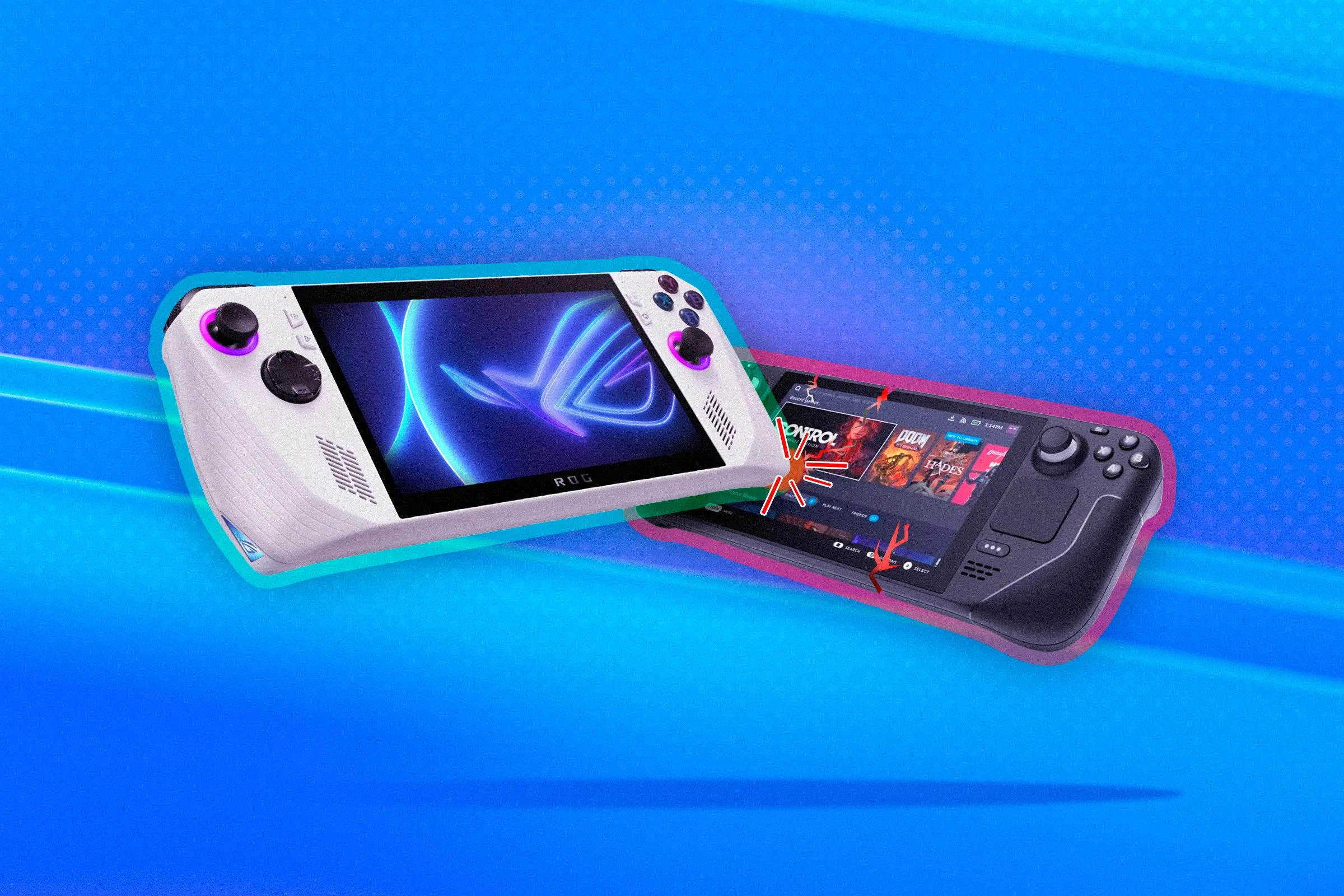 Thiết bị ASUS ROG Ally và Steam Deck đặt cạnh nhau, đại diện cho các máy chơi game cầm tay phổ biến trên thị trường.