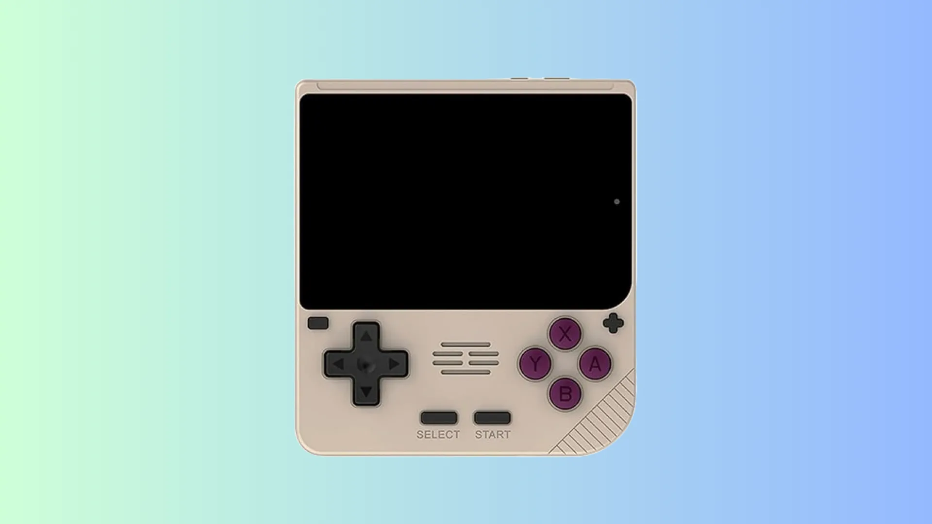 Thiết bị chơi game retro PowKiddy V10 trên nền xanh lam nhạt và xanh ngọc.
