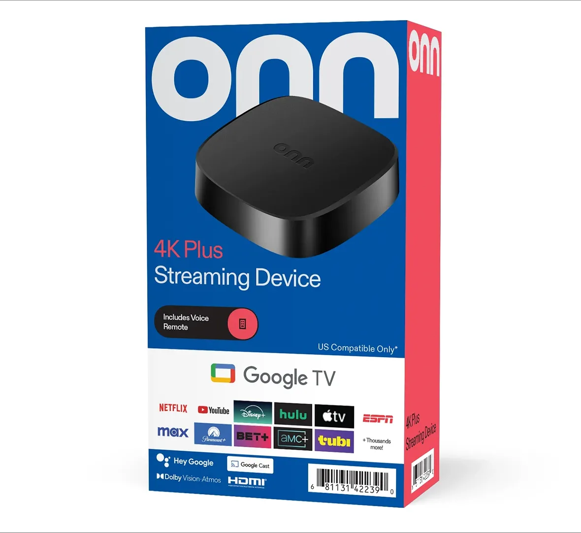 Thiết bị stream Onn 4K Plus Google TV Box và điều khiển từ xa hỗ trợ giọng nói