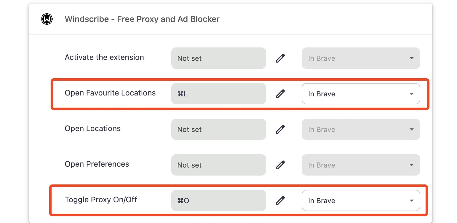 Thiết lập cài đặt tiện ích mở rộng Windscribe VPN trong trình duyệt Brave, cho phép tùy chỉnh phím tắt.