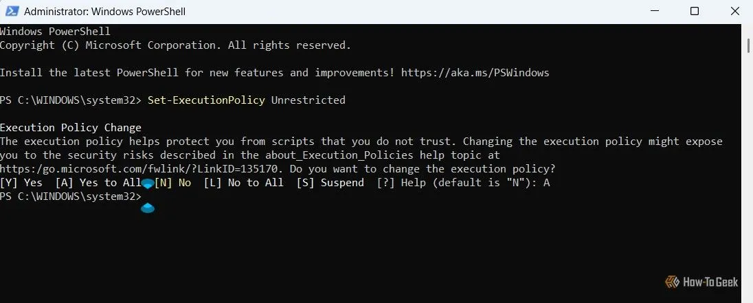 Thiết lập chính sách thực thi không giới hạn trong PowerShell để chạy script Tiny11
