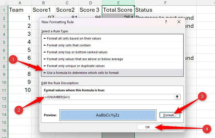 Thiết lập công thức ISNUMBER trong Conditional Formatting của Excel để tự động tô màu ô dựa trên giá trị số.