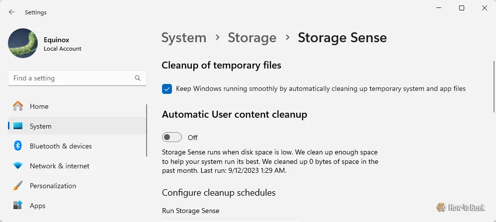 Thiết lập dọn dẹp các file tạm thời định kỳ bằng Storage Sense.