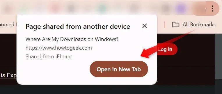 Thông báo bật lên trên Chrome máy tính khi nhận được liên kết chia sẻ từ thiết bị khác