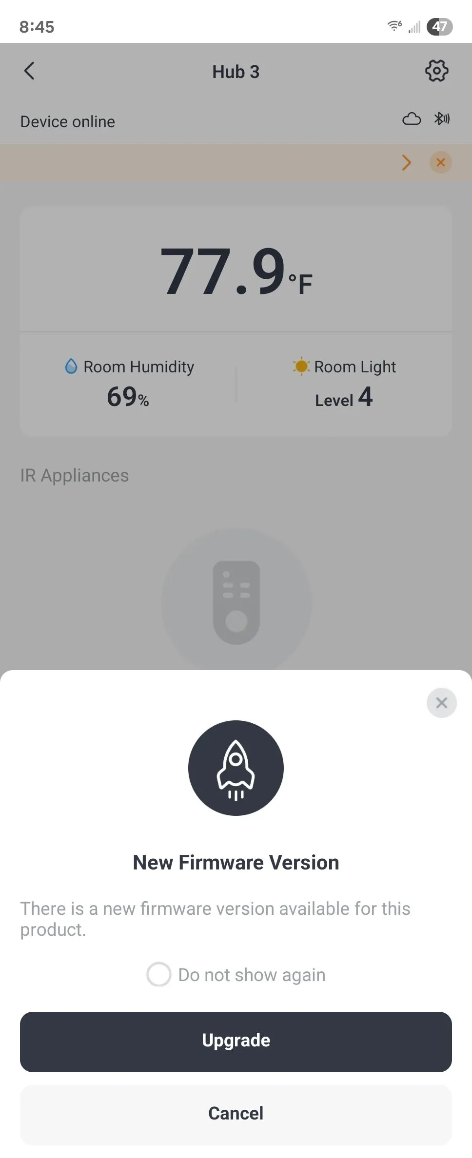 Thông báo cập nhật firmware mới hiển thị trực tiếp trong ứng dụng SwitchBot trên Android, cho phép cập nhật không cần PC.