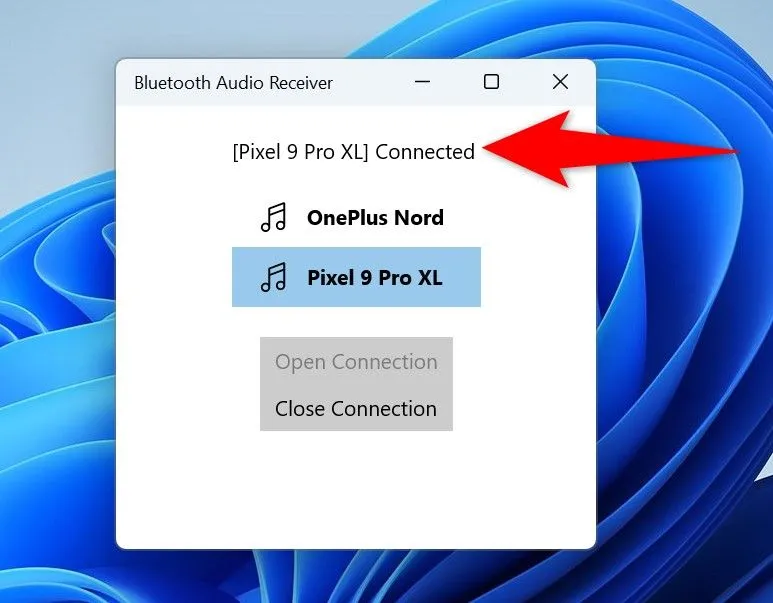 Thông báo &quot;Đã kết nối&quot; trong ứng dụng Bluetooth Audio Receiver, xác nhận PC đã sẵn sàng làm loa Bluetooth