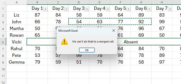 Thông báo lỗi khi dán dữ liệu vào các ô Excel đã gộp, minh chứng hạn chế của việc Merge Cells.