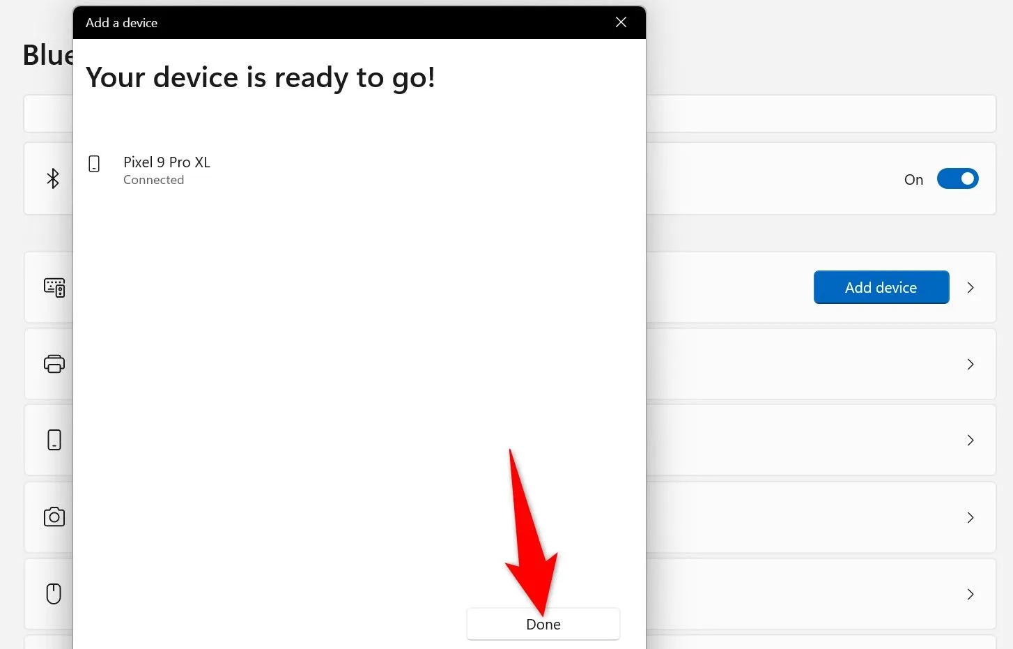 Thông báo xác nhận rằng thiết bị Bluetooth đã được ghép nối thành công với máy tính Windows 11