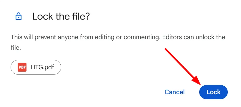 Thông báo xác nhận việc khóa tệp trong Google Drive, nêu rõ người chỉnh sửa có thể mở khóa.