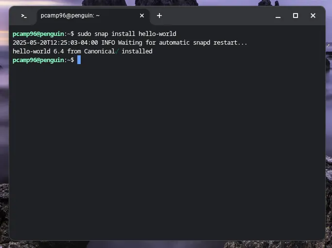 Thử nghiệm cài đặt gói Snap &quot;Hello-world&quot; thông qua môi trường Linux trên Chromebook.