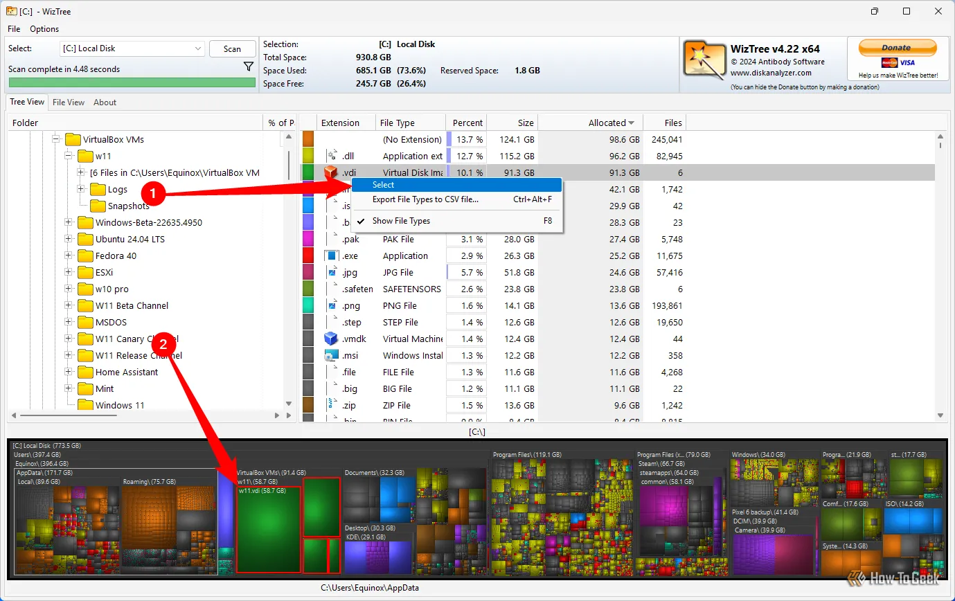 Thực hiện xóa các file VDI để giải phóng không gian ổ đĩa bằng WizTree.
