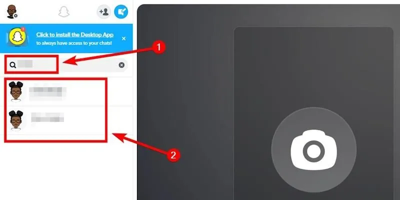 Tìm kiếm bạn bè để chat trên Snapchat Web, hiển thị thanh tìm kiếm và danh sách bạn bè.