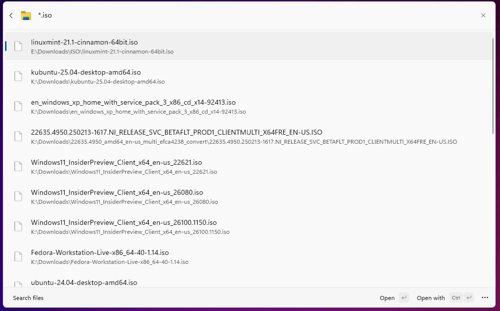 Tìm kiếm tệp ISO bằng Command Palette của PowerToys trong Windows.