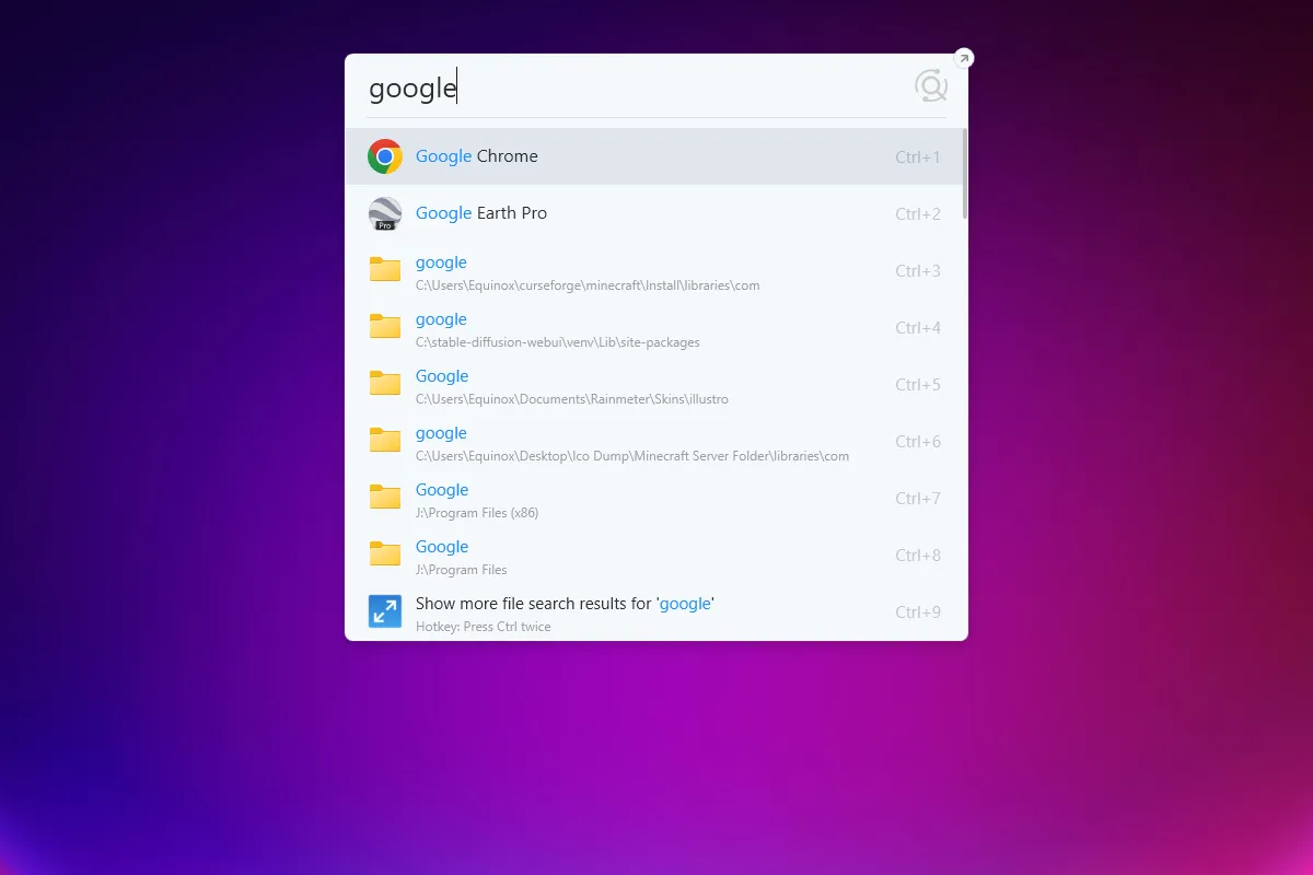 Tìm kiếm ứng dụng Google Chrome trong thanh tìm kiếm Listary.