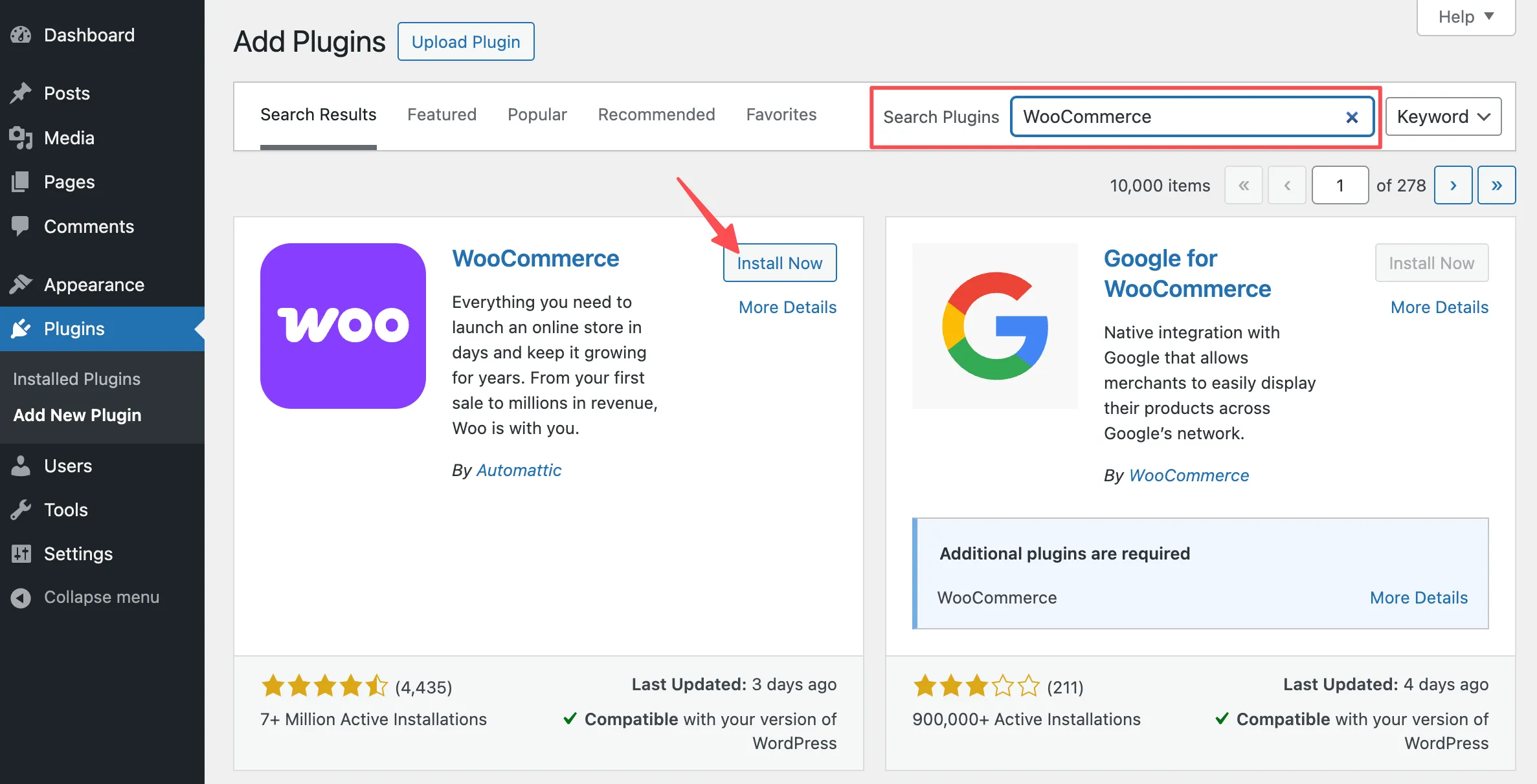 Tìm kiếm và hiển thị plugin WooCommerce thông qua màn hình Thêm Plugin của WordPress.