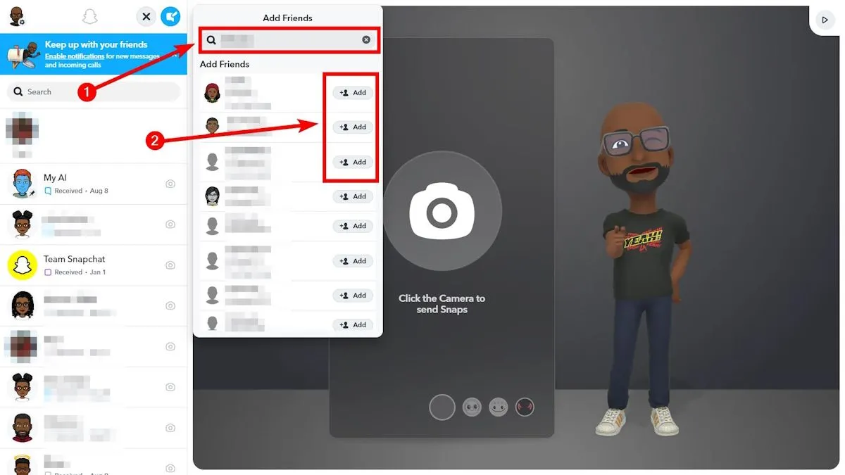 Tìm kiếm và thêm bạn bè trong Snapchat Web, hiển thị thanh tìm kiếm và nút &quot;Add&quot;.