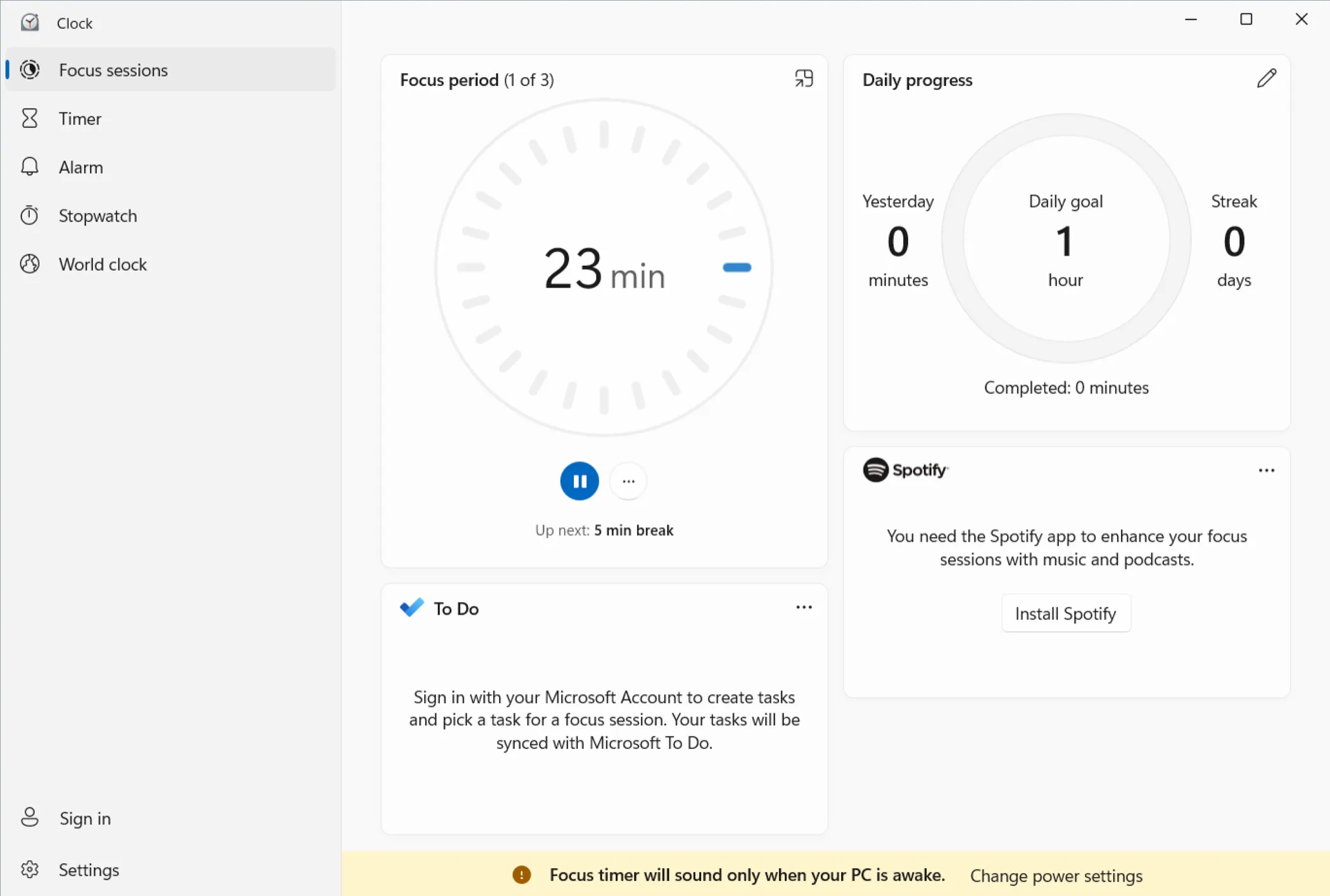 Tính năng &quot;Phiên tập trung&quot; của ứng dụng Đồng hồ tích hợp trên Windows 11 hỗ trợ kỹ thuật Pomodoro