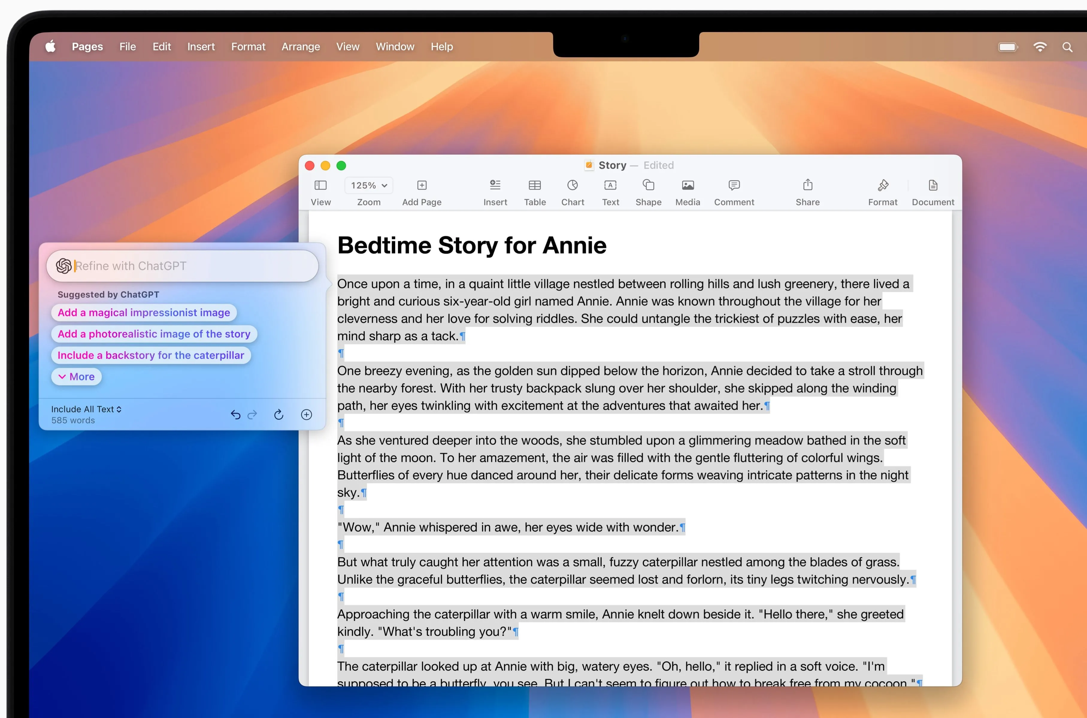 Tính năng Writing Tools với tích hợp Apple Intelligence (ChatGPT) trên macOS Sequoia, cho phép tạo văn bản AI trực tiếp trên thiết bị.