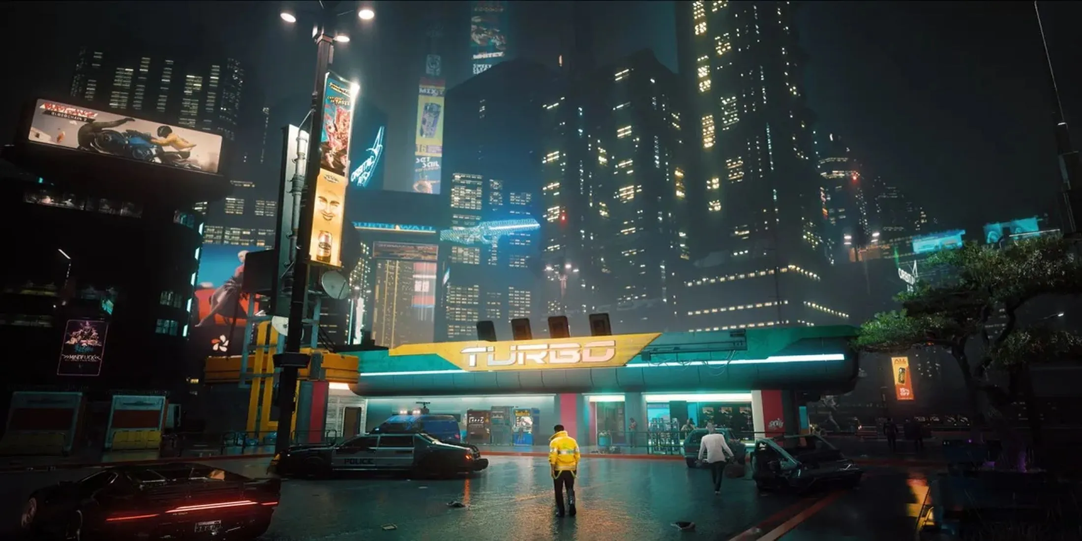 Toàn cảnh Night City về đêm trong Cyberpunk 2077, nổi bật với ánh đèn neon rực rỡ.