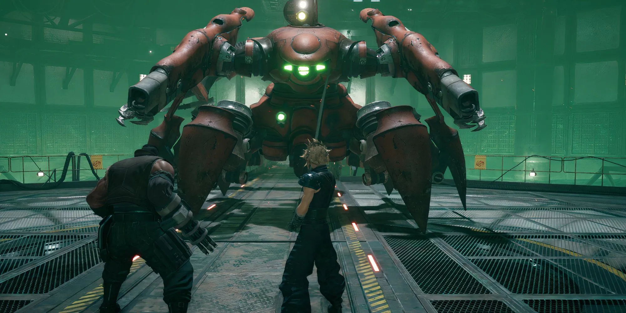 Trận chiến chống lại Guard Scorpion trong Final Fantasy VII Remake, minh họa gameplay hành động hoàn toàn mới lạ.