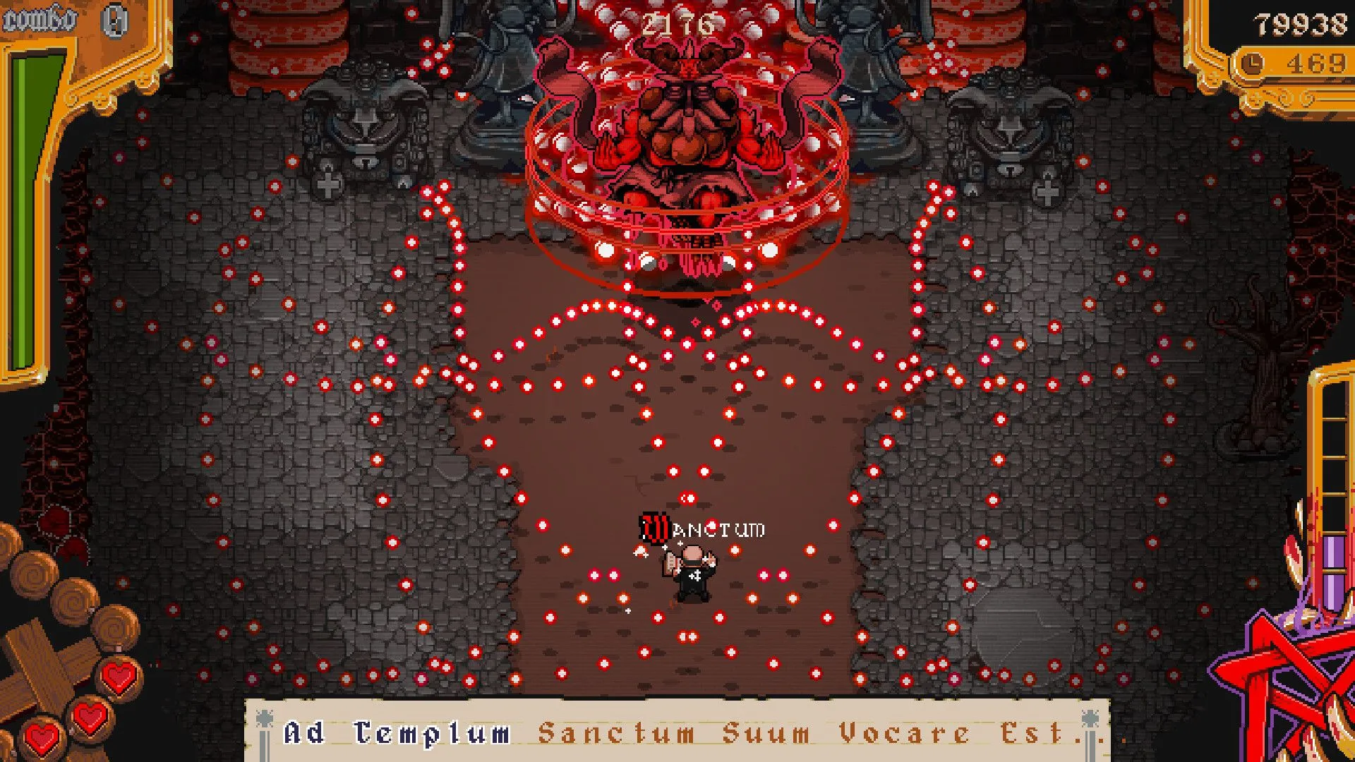 Trận đấu boss trong The Textorcist: The Story of Ray Bibbia, một game bullet-hell kết hợp gõ phím đầy thử thách.
