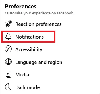 Trang cài đặt Facebook, chọn &quot;Thông báo&quot; từ menu bên trái.