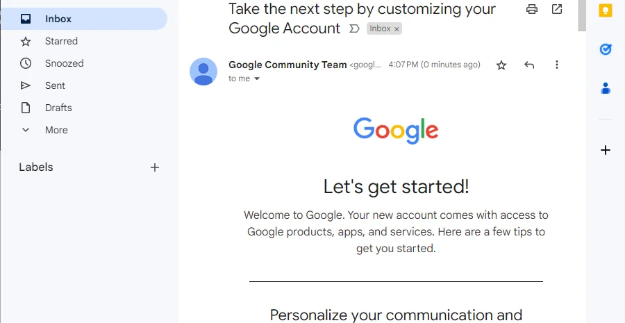 Trang chào mừng của Gmail sau khi tạo tài khoản thành công