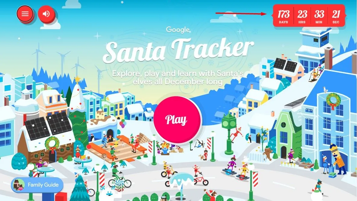 Trang Google Santa Tracker với đồng hồ đếm ngược đến Giáng sinh và các trò chơi.
