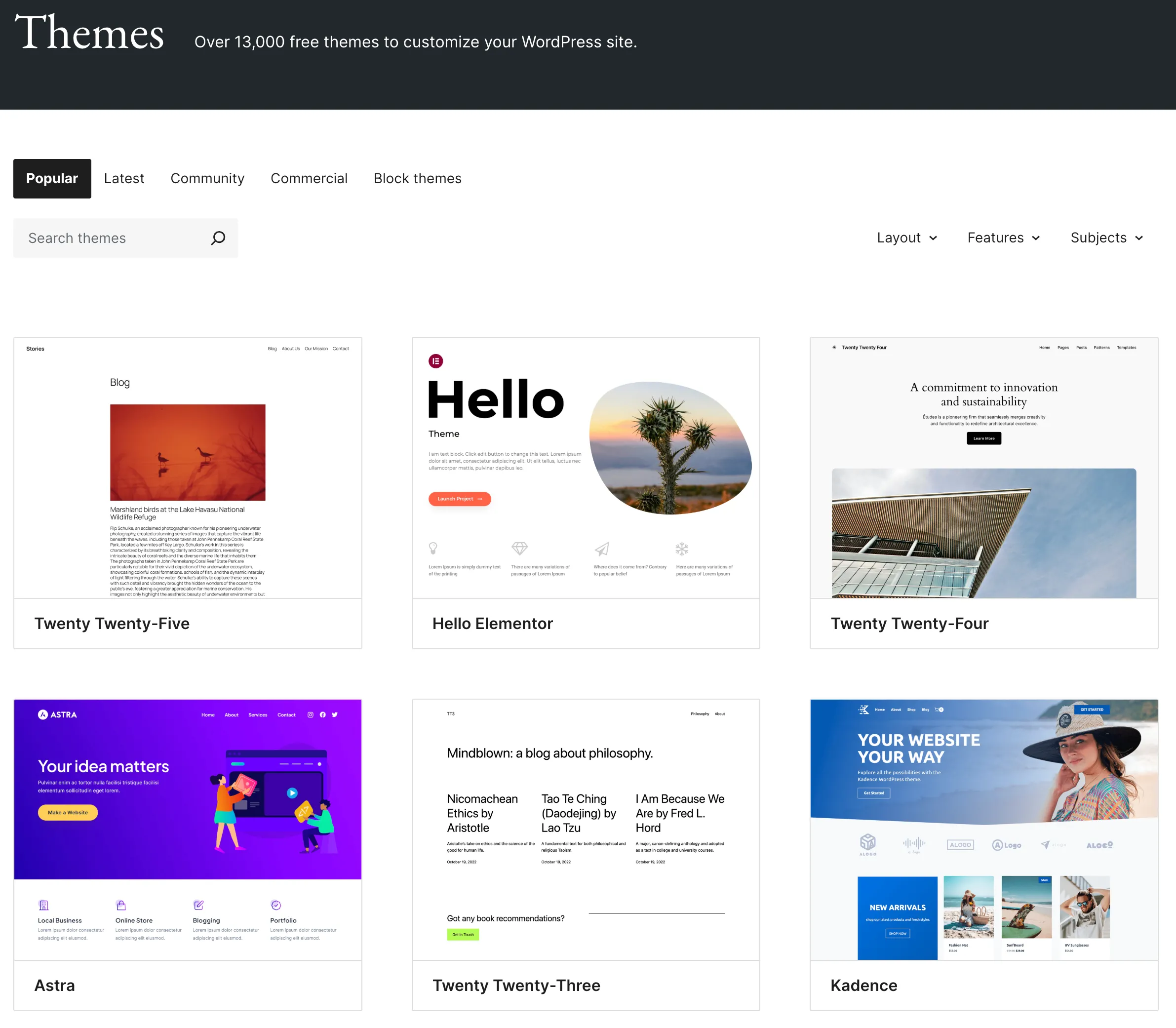 Trang Themes của WordPress hiển thị sáu trong số các theme phổ biến nhất từ kho chính thức.