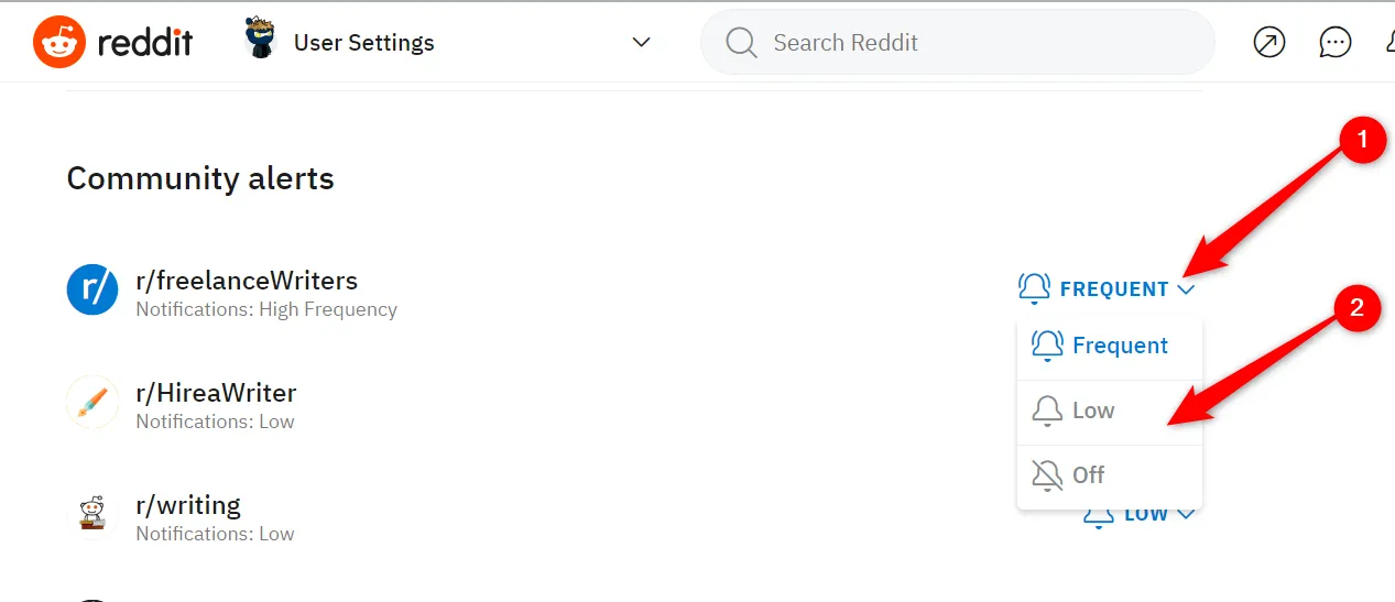 Trang thông báo cộng đồng Reddit, hiển thị các tùy chọn tần suất thông báo