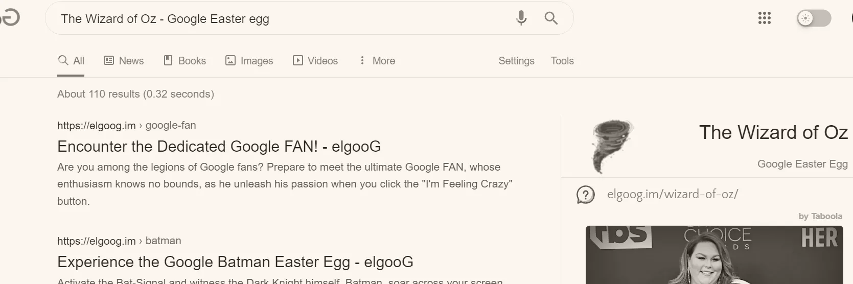Trang tìm kiếm Google chuyển sang tông màu nâu đỏ (sepia) theo hiệu ứng Easter Egg &quot;The Wizard of Oz&quot;